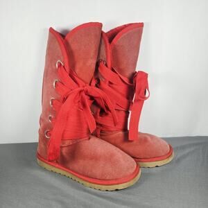 UGG Australia Classic Tall 5815 Front Ribbon Lace Up Boots Red Suede Women Sz 7